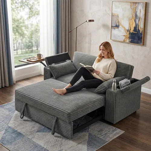 Vista 9 de Auvsoce - Sofá cama biplaza de 65 pulgadas, sofá convertible para sala de estar, sofá para RV con respaldo ajustable, chaise longue, mesa lateral