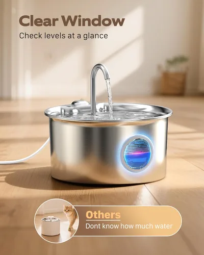 Vista 5 de Fuente de agua para gatos de acero inoxidable: fuente para gatos con 6 filtros + 3 esponjas, fuente de agua para mascotas de 88 oz/2.6 L para gatos