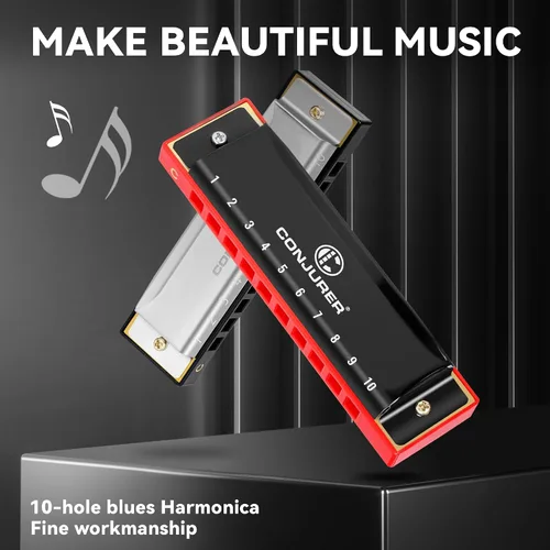 Vista 2 de CONJURER Armónica de Blues para Principiantes Adultos de 10 Agujeros Armónica Diatónica en Clave de Do, Lengüeta de Latón Órgano de Boca de Metal