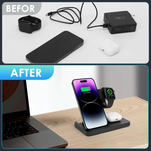 Vista 4 de Cargador inalámbrico, estación de carga 3 en 1 para múltiples dispositivos, base de carga para iPhone serie 8-16, Apple Watch, AirPods Pro 3 2