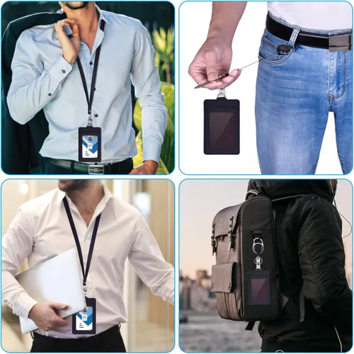 Vista 6 de Wisdompro - Soporte retráctil para tarjetas con cordón y carrete, color negro PU Leather, 2-Sided ID Card Holder, with Carabiner Badge Reel Clip