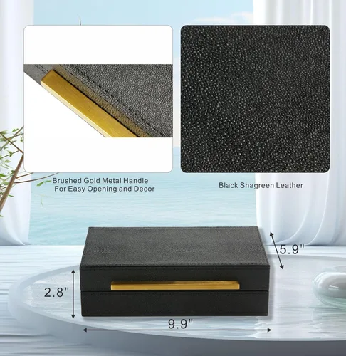 Vista 3 de Sagala Caja Decorativa Negra de Shagreen Con Mango Dorado, Caja Organizadora de Joyas Caja Guardadora, Caja de Almacenamiento de Cuero Sintético