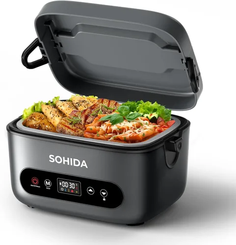 Vista 11 de SOHIDA Fiambrera eléctrica, calentador de alimentos portátil de 12 V/24 V/110 V con tenedor SS y cuchara para coche/camión/oficina, lonchera