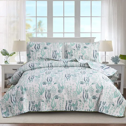 Vista 10 de Juego de edredón de tamaño Queen - Edredón ligero reversible, colcha, cubrecama - Ropa de cama costera - Decoración del hogar con concha de estrella