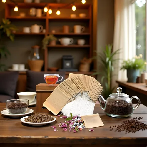 Vista 5 de 100 bolsas de té desechables marrones para té de hojas sueltas, bolsas de filtro de té sin blanquear con cordón y compostables, coladores y filtros