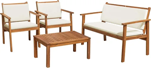 Vista 8 de Flamaker Sillas de Patio 3 Piezas Muebles de Patio de Madera de Acacia con Mesa de Café y Cojines Conjunto de Conversación Exterior Sillas de Balcón