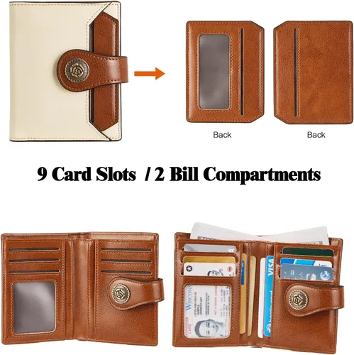 Vista 5 de BROMEN Billeteras pequeñas para mujer, con bloqueo RFID, de cuero, plegable, con cremallera, bolsillo para monedas, tarjetero con ventanas