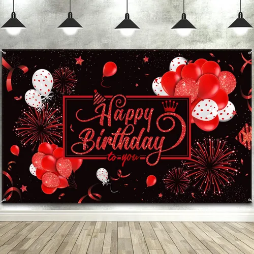 Vista 8 de Blulu Cartel de Pancarta de Feliz Cumpleaños Póster de Tela Grande con Purpurina Globo Fuegos Artificiales Cartel Fondo de Fotos Telón de Fondo