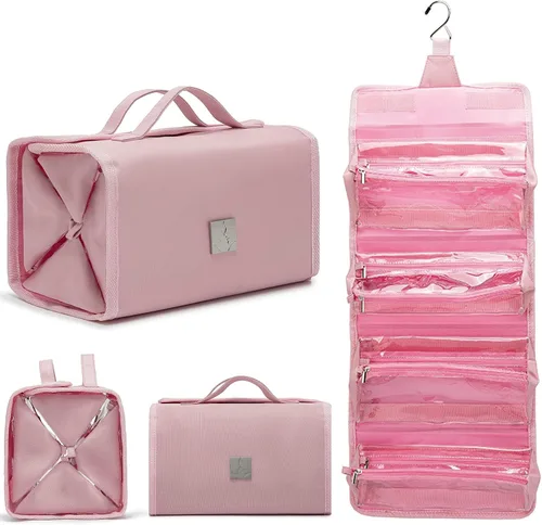 Vista 14 de ROYALFAIR Bolsa de maquillaje enrollable, bolsa de aseo de viaje para mujer con 4 bolsas transparentes aprobadas por la TSA, organizador de viaje