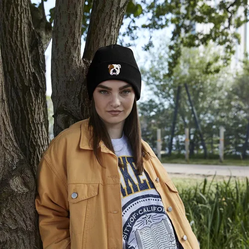 Vista 7 de Bang Tidy Clothing Gorro de bulldog inglés de punto, regalos para amantes de los perros para mujeres, sombreros de invierno bordados