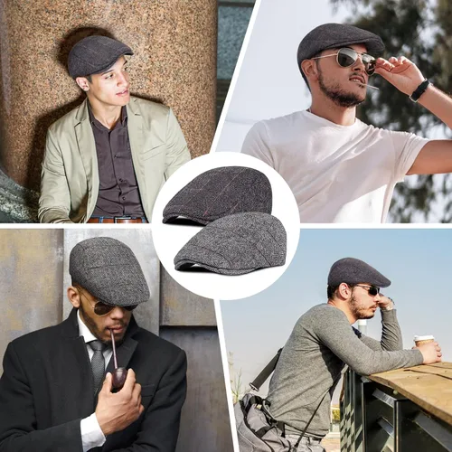 Vista 6 de Paquete de 2 sombreros de periódico para hombre, diseño clásico de espiga de tweed, mezcla de lana, gorra plana Ivy Cabbie