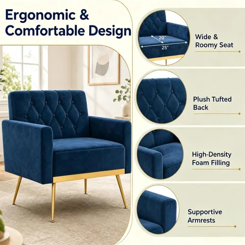 Vista 6 de KOMFOTT Velvet Accent Chair, Modern Tufted Arm Chair (1,Blue)