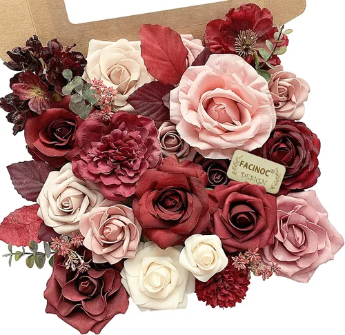 Vista 26 de FACINOC Juego de ramos de flores artificiales de rosas artificiales para bricolaje, decoración de despedida de soltera, arreglos florales falsos