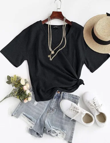Vista 6 de MEROKEETY - Blusa de media manga con cuello en V, punto gofre y alas de murciélago para mujer, camiseta suelta de color sólido