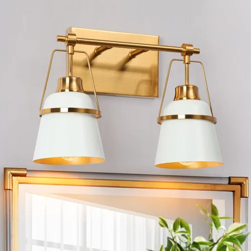 Vista 11 de Lámparas de baño de oro negro, modernas luces de tocador de granja sobre el espejo, 3 luces de cobre dorado con pantalla de metal y artesanía Negro