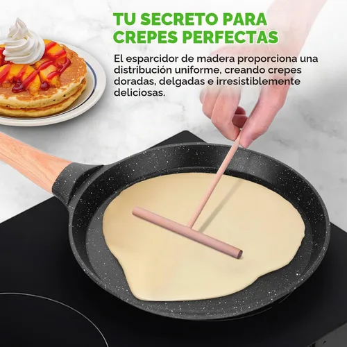 Vista 2 de NutriChef - Sartén para crepes de 24 cm (9.45 pulgadas) antiadherente con esparcidora de madera, sartén Dosa de mármol recubierto duradero, mango