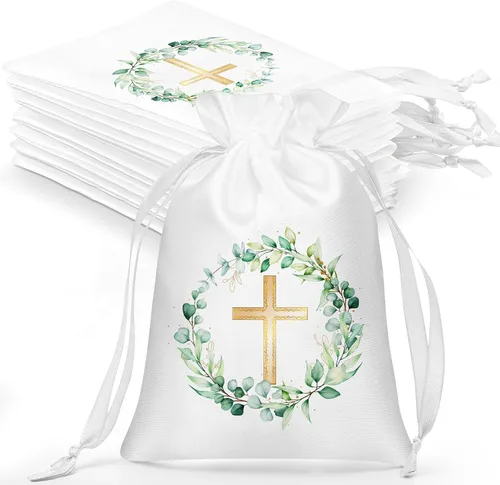 Vista 7 de PerKoop 50 bolsas de regalo de satén para bautismo con cordón de 4 x 6 pulgadas, bolsas de regalo religioso con cruz, bolsas de joyería