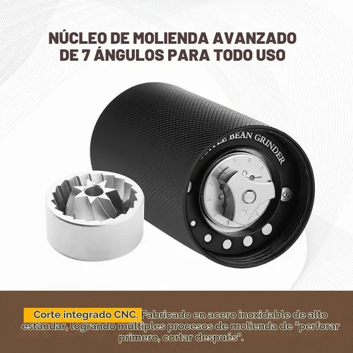 Vista 4 de Molinillo de café manual con rebaba cónica de acero inoxidable CNC, cuerpo de aluminio, mango de madera maciza, molinillo de mano ajustable portátil