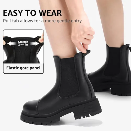 Vista 4 de Botas Chelsea para mujer, con suela de lengüeta, botines de tacón grueso sin cordones