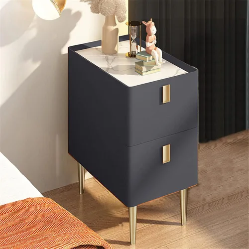 Vista 14 de Mesita de noche moderna de madera maciza con almacenamiento de 2 cajones, parte superior de mármol, práctica mesa auxiliar auxiliar para dormitorio