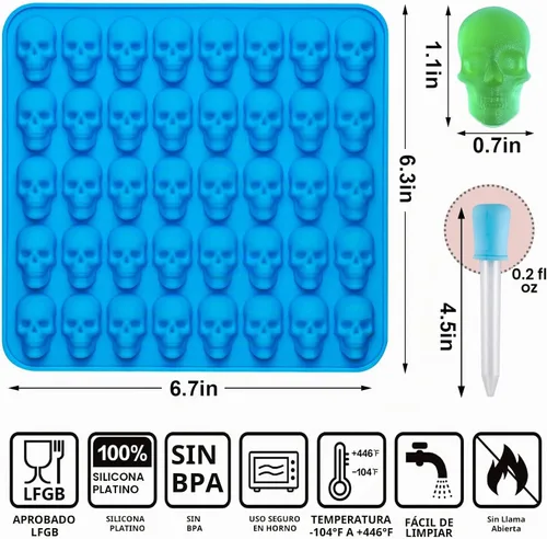 Vista 2 de Sidosir 4 moldes de chocolate con calavera de gomita, moldes de caramelo de calavera de gomita, moldes de silicona antiadherentes con 2 cuentagotas