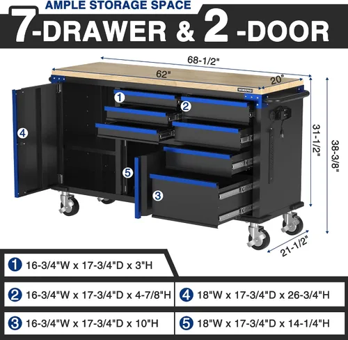Vista 2 de WORKPRO Cofre de herramientas con 7 cajones y 2 puertas, 62 x 20 pulgadas, azul y negro