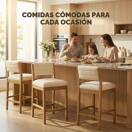 Vista 3 de CIMOTA Taburete de bar de 26 pulgadas de alto, taburete de bar de madera con respaldo, taburetes de isla de cocina tapizados de lino, silla de barra