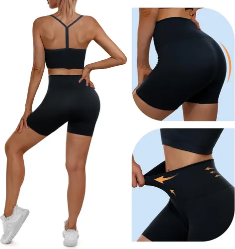 Vista 5 de Sportneer Workout Sets for Women 2 Piece Ribbed Seamless Y-back Longline Sports Bra High Waist Shorts Matching Gym Yoga