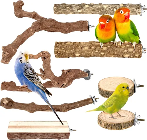 Vista 11 de 5 piezas de percha de madera natural para pájaros - Juego de perchas de rama recta y bifurcada, accesorios para jaula de pájaros para aves pequeñas