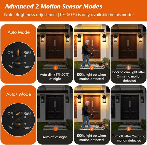 Vista 2 de Lámpara exterior con sensor de movimiento para montaje en pared, de bronce aceitado del anochecer al amanecer, impermeable, con base E26, linterna