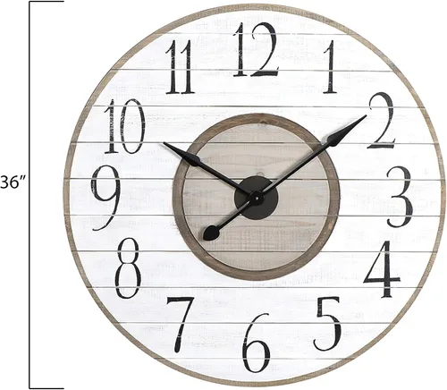 Vista 2 de Creative Co-Op Reloj de pared redondo de listones de madera con acabado envejecido, blanco y marrón