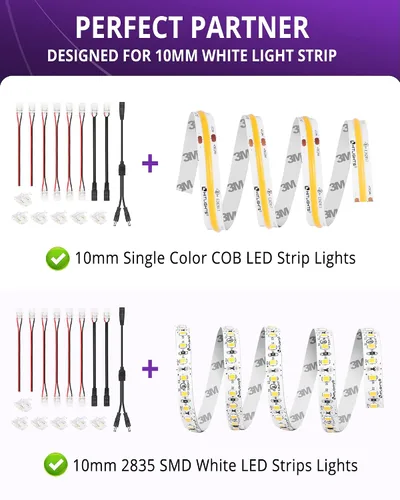 Vista 3 de HitLights El kit de conector de tira LED de 2 pines y 0.394 in incluye conector sin huecos, conectores de puente, conector de coleta, hembra de CC