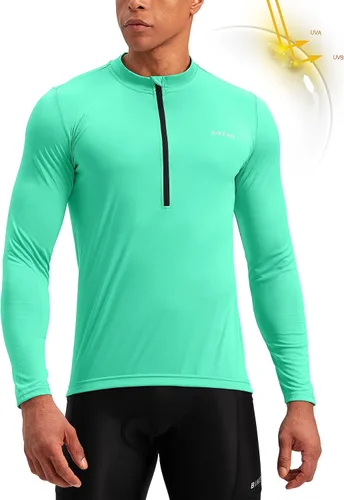 Vista 2 de Bikewa Maillot de ciclismo para hombre con 3+1 bolsillos traseros con cremallera, manga larga, absorción de humedad, UPF 50+ media cremallera