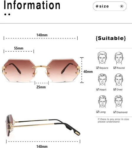 Vista 5 de Pro Acme Lentes de sol octágonos sin marco, de sombra rectangular, sin marco, para hombres y mujeres, lentes de moda teñidos