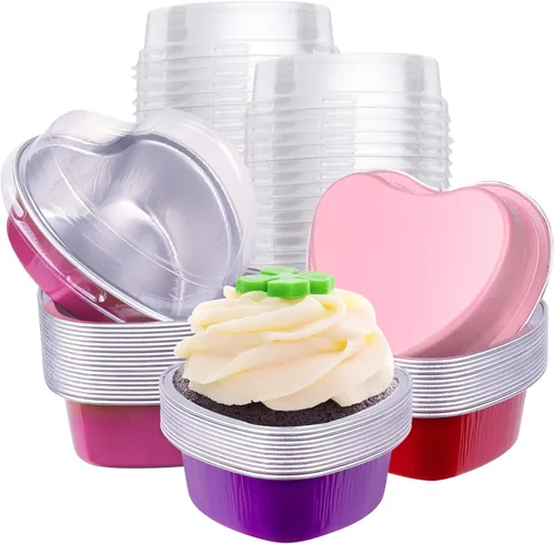 Vista 10 de yeload 60 moldes para pasteles en forma de corazón con tapas, mini moldes de aluminio, 3.4 onzas/3.4 fl oz de papel de aluminio desechable, molde