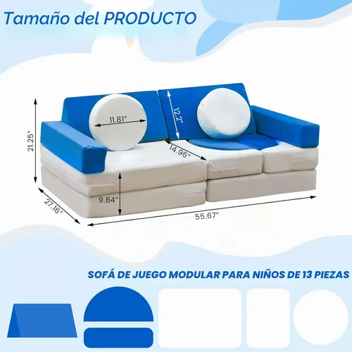 Vista 2 de Sofá modular de juego para niños, 13 piezas, con funda de terciopelo lavable, expansión instantánea de 5 segundos, espuma convertible y cojín
