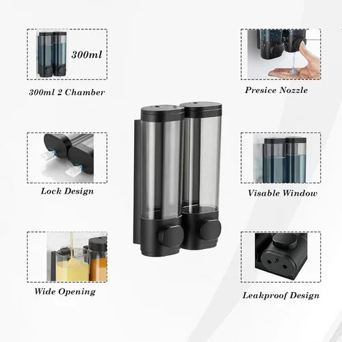 Vista 4 de Dispensador de jabón para montar en la pared de 2 cámaras, 10 onzas/10.1 fl oz, dispensador de champú y acondicionador de ducha recargable, sin