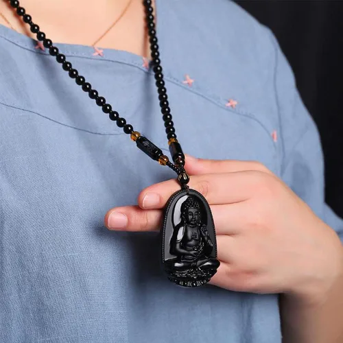 Vista 4 de Collar de Buda, collar de obsidiana negra para mujer, dije de Buda de buena suerte, cadena larga de cuentas que imita el budismo de jade, joyería
