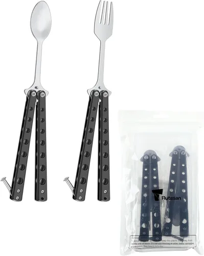 Vista 8 de Flutesan Juego de 2 Piezas de Tenedor y Cuchara Mariposa, Cuchara Táctica Mariposa Plegable de Acero Inoxidable Conjunto de Utensilios Spork
