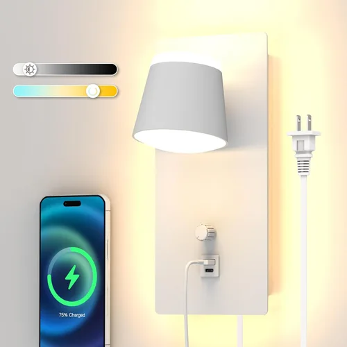 Vista 10 de Sytmhoe Aplique de pared LED con interruptor de atenuación, moderna lámpara de pared regulable con puerto USB + tipo C, iluminación montada