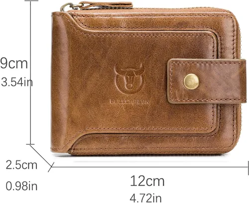 Vista 16 de LUKZIJAES Billetera de cuero genuino para hombre, con bloqueo RFID, delgada, plegable, bolsillo frontal, #3-Café, Vintage