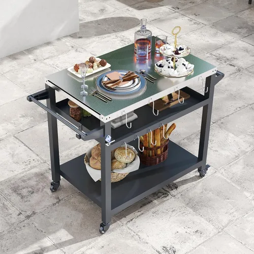 Vista 3 de Domi - Mesa de parrilla para exteriores de 3 estantes, carrito de parrilla con ruedas, horno de pizza al aire libre y mesa de preparación