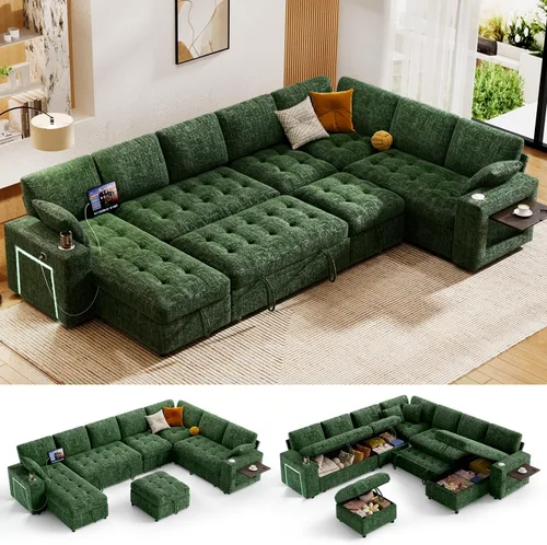 Vista 19 de Vipbear Sofá cama modular de 111 pulgadas con cama extraíble, sofá en forma de L de felpilla de 7 asientos con diván de almacenamiento, puertos USB