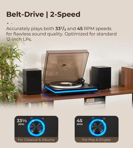 Vista 6 de Vangoa Tocadiscos de vinilo con altavoces estéreo de 40 W, cartucho magnético AT-3600L, placa de aluminio, luz azul, tocadiscos Bluetooth moderno