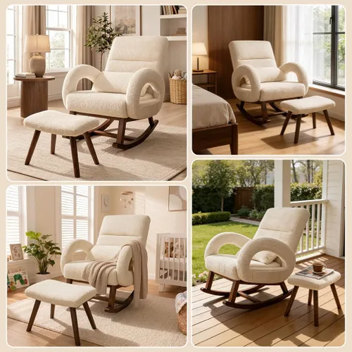Vista 2 de COMHOMA Mecedora para guardería con otomana, mecedora tapizada Beige