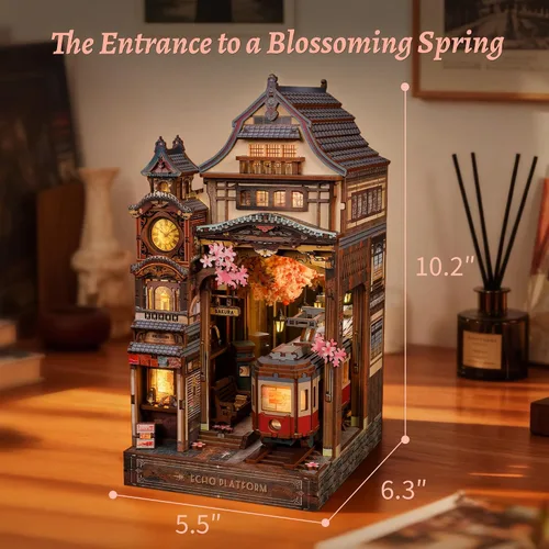 Vista 3 de FUNPOLA Kit de rincón de lectura del tren Sakura – Rompecabezas de madera 3D con LED y espejo infinito – Decoración de estantería DIY, manualidad