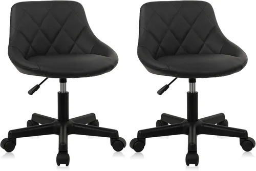 Vista 14 de KLASIKA Taburete con ruedas de respaldo bajo negro, taburetes de tocador de cuero PU, altura ajustable ergonómica giratoria giratoria silla
