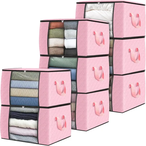 Vista 14 de Fab totes Paquete de 3 bolsas de almacenamiento plegables de tela gruesa, contenedores para organizar dormitorio, armario, ropa, edredón, Beige
