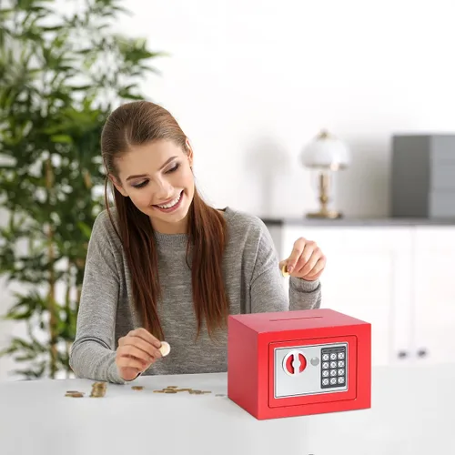 Vista 5 de Jssmst Caja de seguridad pequeña para dinero, mini caja fuerte de 0.23CF con teclado electrónico, caja con cerradura para seguridad del hogar