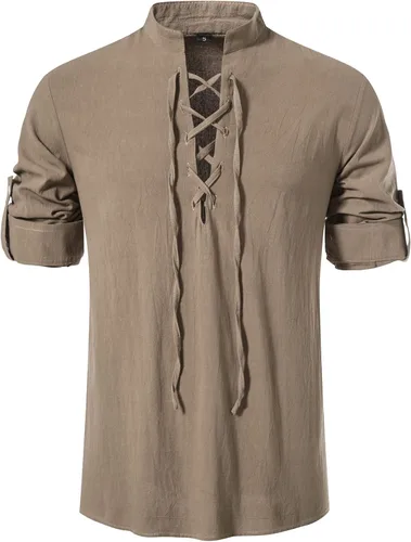 Vista 2 de LucMatton - Camisas de manga larga de estilo retro de algodón 100% para hombres de estilo medieval, vikingo o hippie